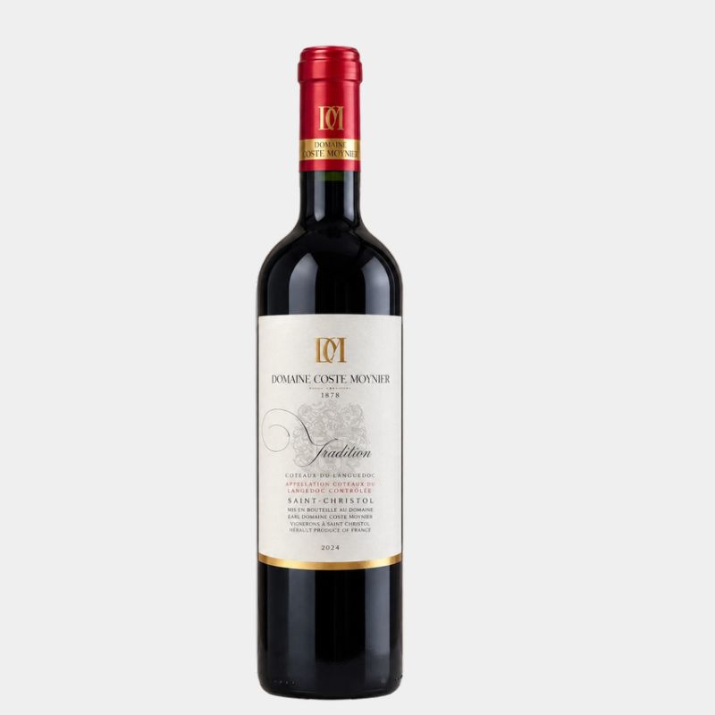 Bouteille de Tradition 2024 du Domaine Coste-Moynier, vin rouge biologique AOP Languedoc Saint-Christol.