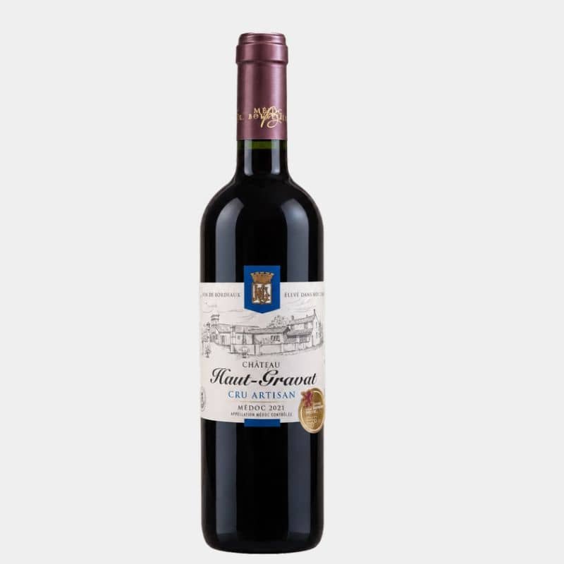 Bouteille de Château Haut-Gravat Cru Artisan 2021, vin rouge AOC Médoc du vignoble bordelais.